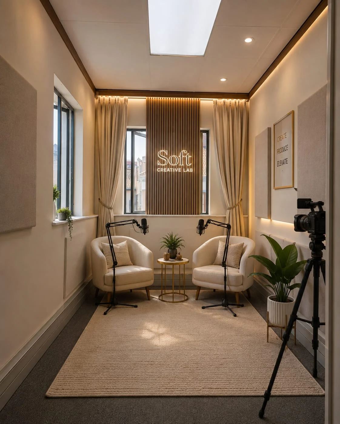 Premium podcast recording studio setup with microphones and cameras