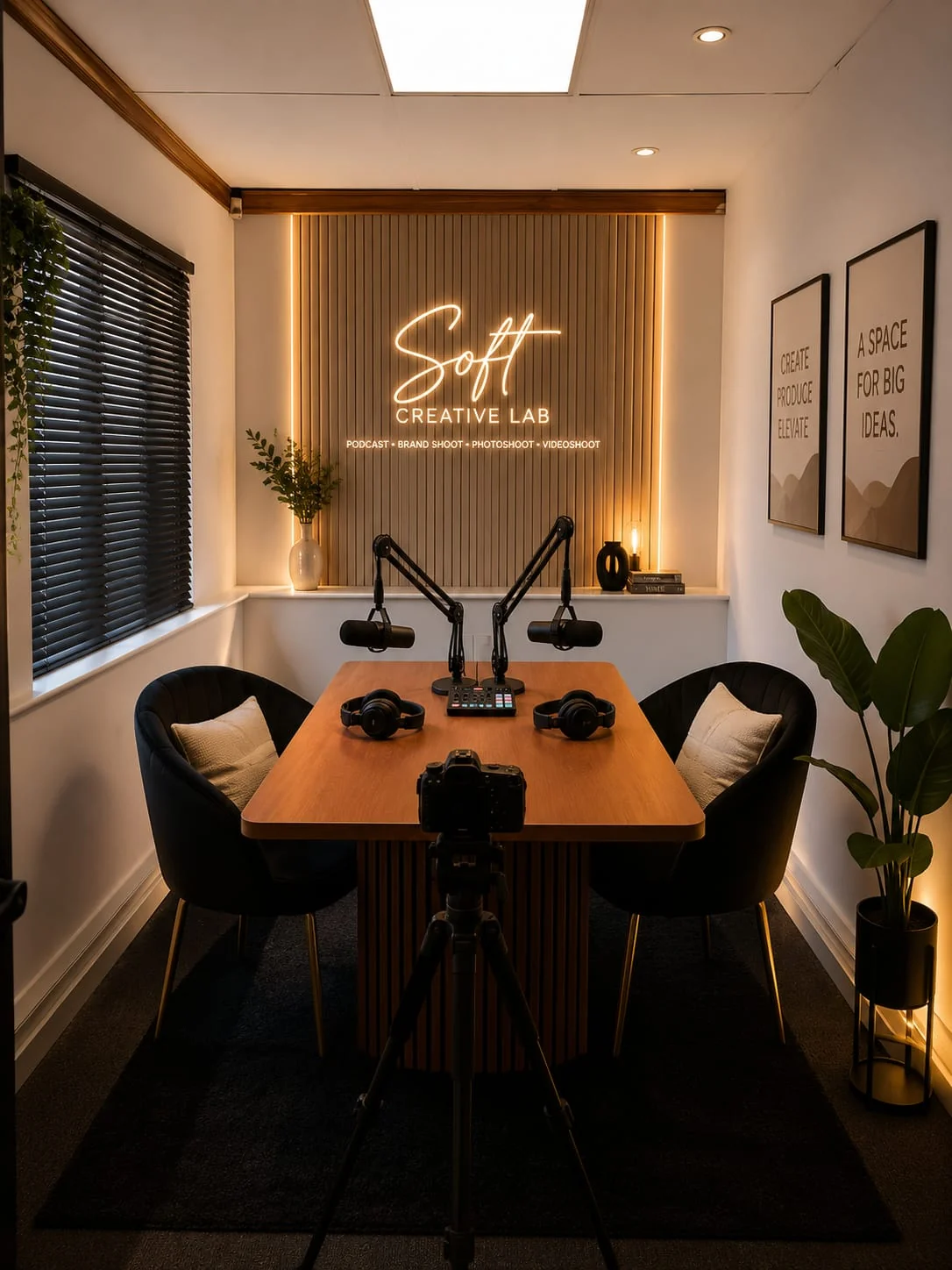 Premium podcast recording studio setup with microphones and cameras